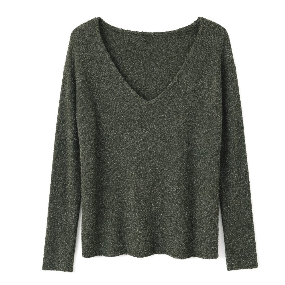 Chicos Womens Sweater Size 3 XL Olive Green Silk Blend Boucle VNeck Long Sleeve